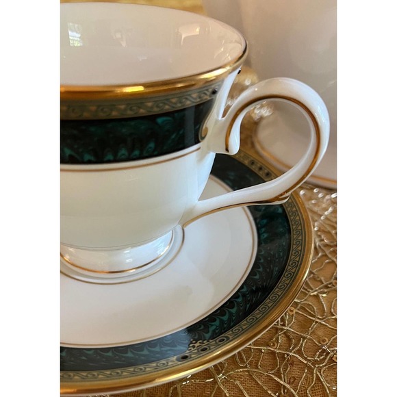 Lenox Bone China Classic Edition Footed Cup & Saucer Set, White, Green Marble - Picture 4 of 10